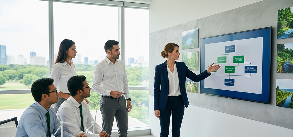 Eye-level view of a consultant discussing environmental plans with a team in a modern office