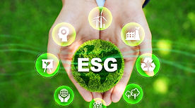 Hands holding grass covered globe, labeled "ESG" surrounded by sustainable options on a green background