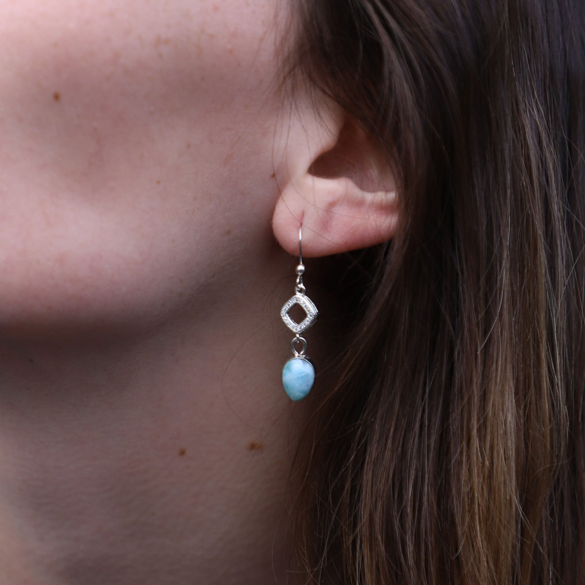 925 Sterling Silver Crystal Diamond Embellished Larimar Dangle Earrings