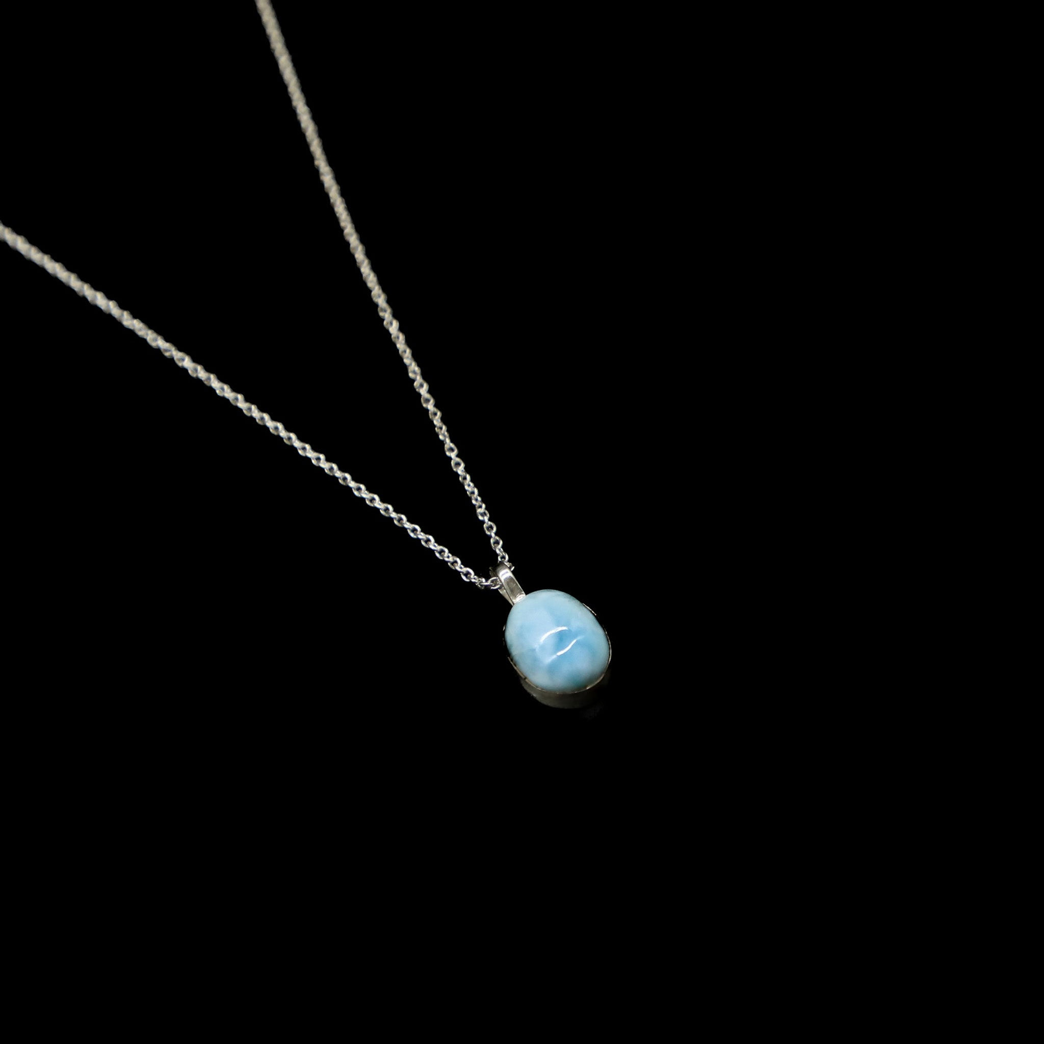 925 Sterling Silver Oval Larimar Necklace - 16” on black background, Graceandpeacejewelry