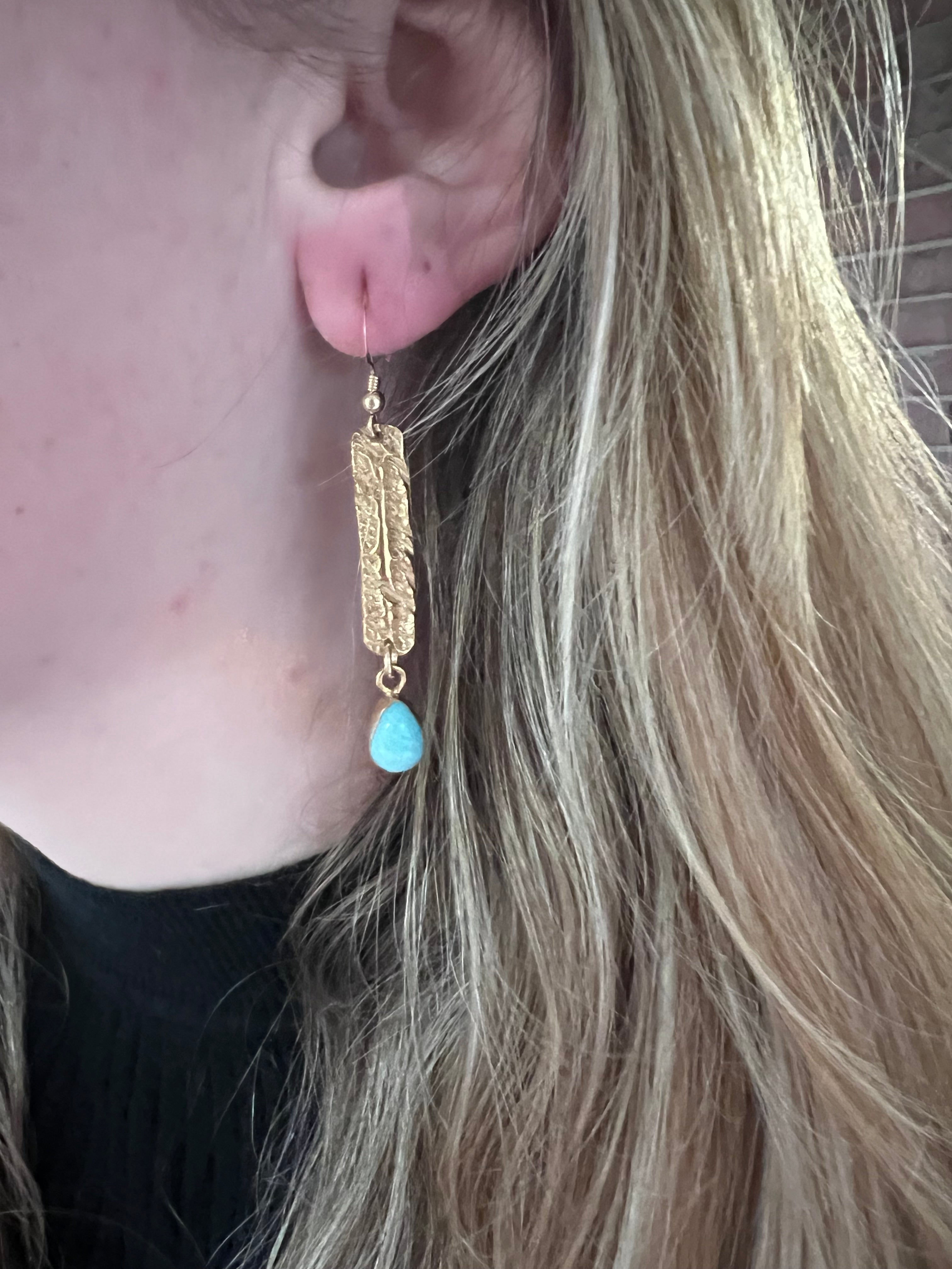 18k Gold Vermeil Larimar Script Teardrop Stone Dangle Earrings