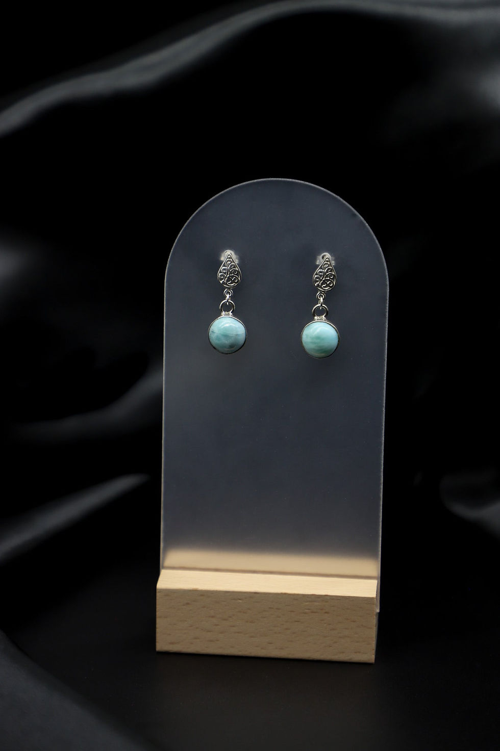 Thumbnail: 925 Sterling Silver Filigree Post Round Larimar Drop Earrings