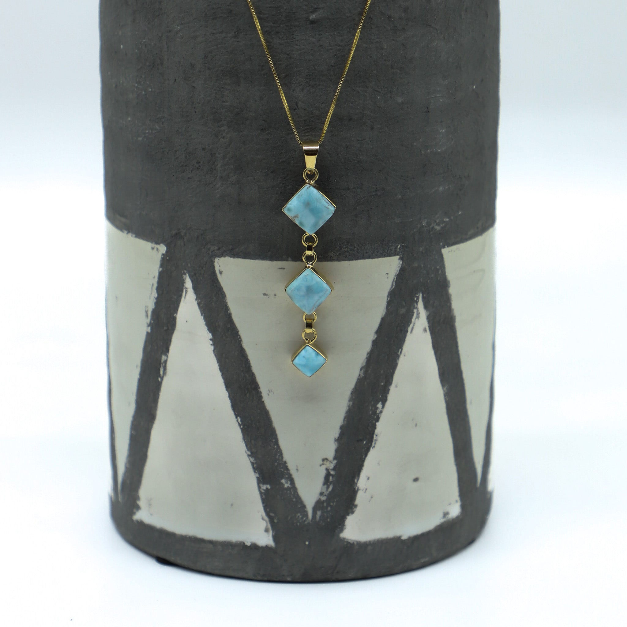 Limited Edition Gold 3-Stone Diamond Shaped Larimar Necklace