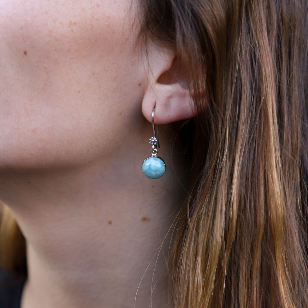 Thumbnail: 925 Sterling Silver Mini Heart Larimar Dangle Earrings