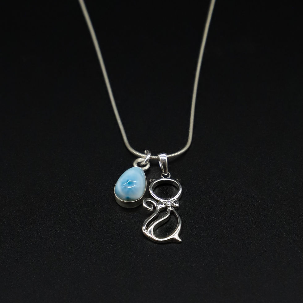 Thumbnail: 925 Sterling Silver Larimar and Kitten Cat Charm Necklace