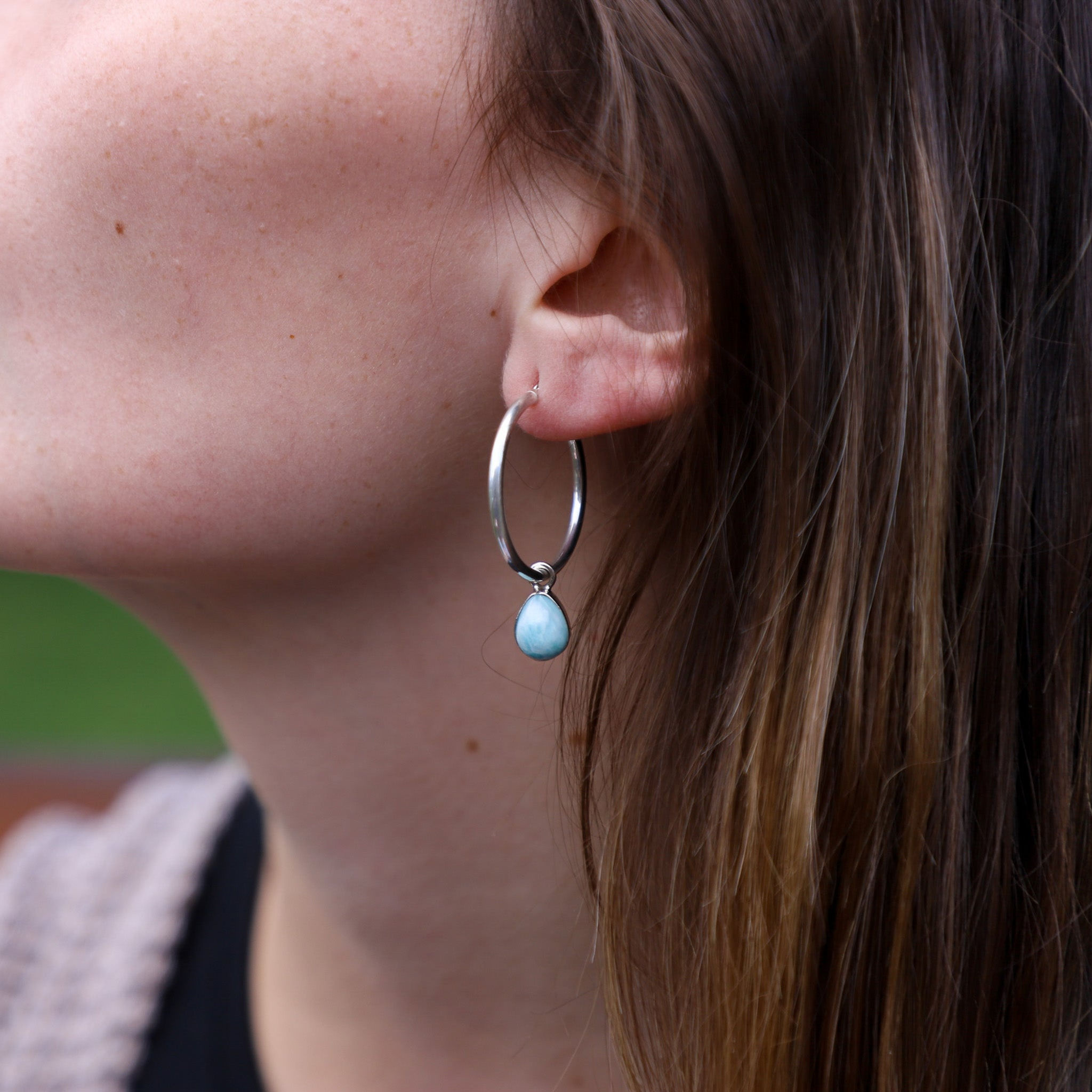 925 Sterling Silver Hoop and Teardrop Larimar Earrings