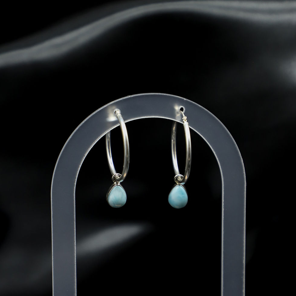 Thumbnail: 925 Sterling Silver Hoop and Teardrop Larimar Earrings
