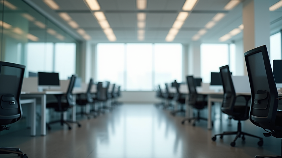 Eye-level view of modern office space with desks and chairs