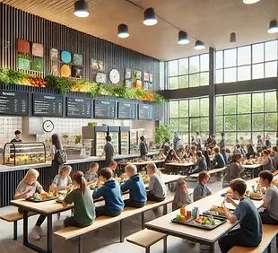 DALL·E 2024-07-12 10.50.07 - A modern school canteen with a sleek, contemporary design, fo