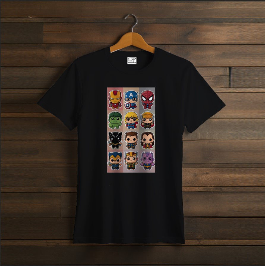 T-shirt Black tiny heroes characters superheroes Marvel