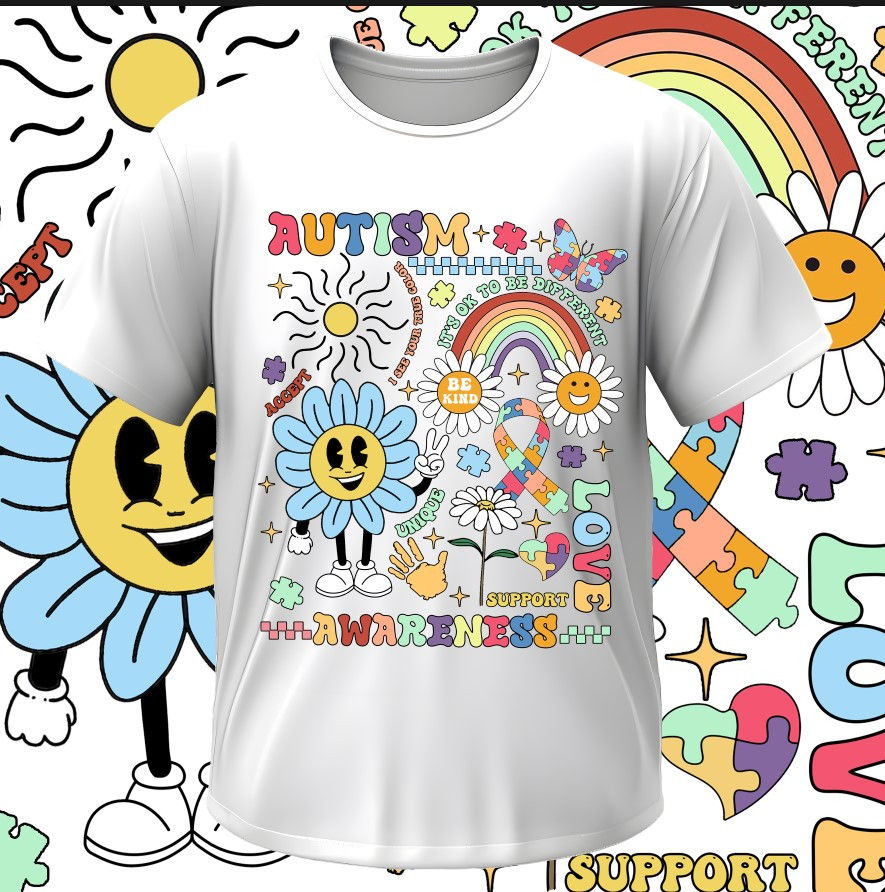 T-shirt Autism autistic puzzle inscription flowers rainbow