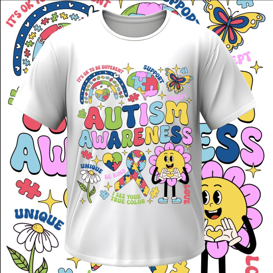 T-shirt Autism autistic puzzle inscription heart rainbow flowers