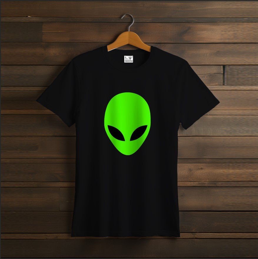 T-shirt Black head green alien UFO