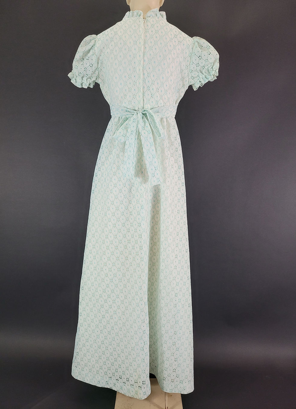 Thumbnail: Vintage Embroidered Turquoise Flower Power Lace Puff Sleeve Maxi Dress View Ten
