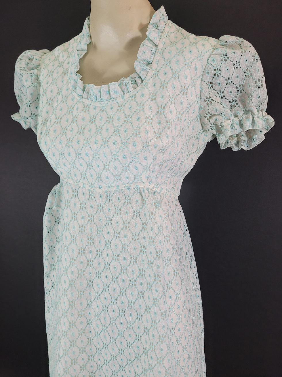 Thumbnail: Vintage Embroidered Turquoise Flower Power Lace Puff Sleeve Maxi Dress View Three