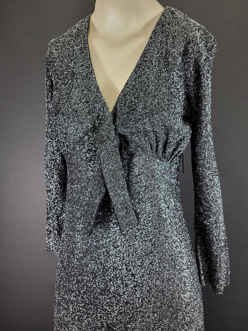 Thumbnail: Vintage Black And Metallic Silver Lurex Long Sleeve Maxi Dress View Three