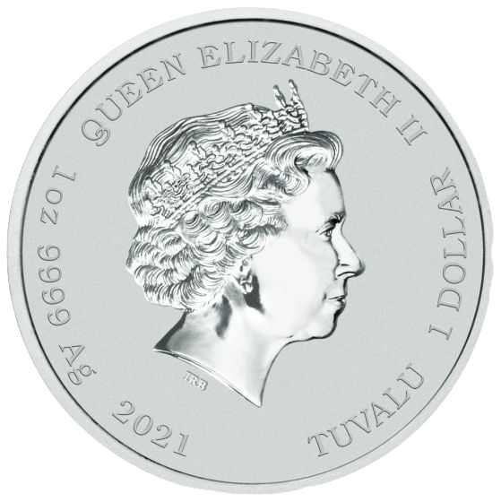 Thumbnail: Queen Elizabeth II effigy on 2021 Tuvalu Simpsons silver coin.