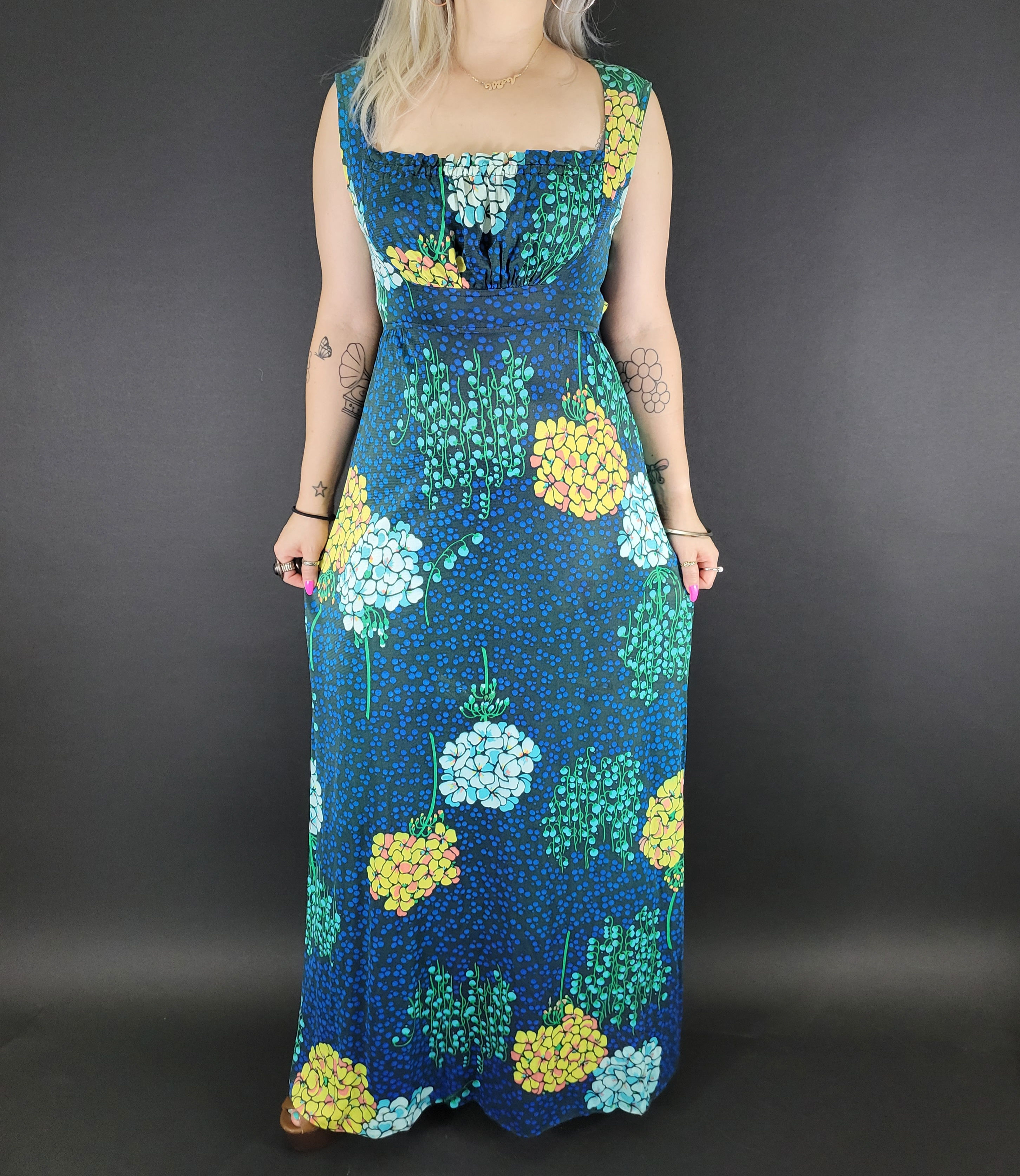 Vintage Blue Floral And Dots Sleeveless Maxi Dress View One