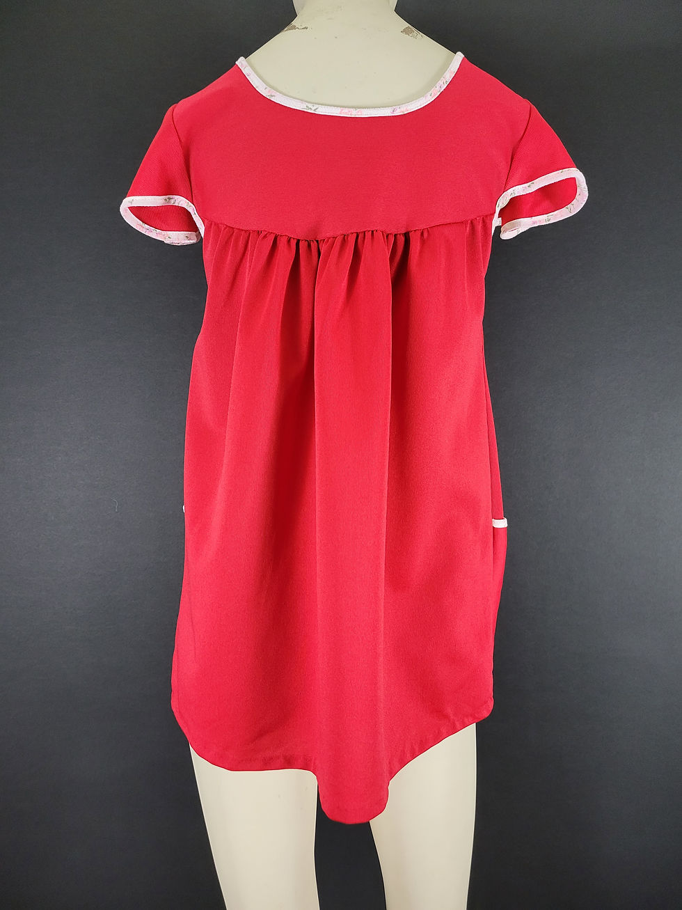 Thumbnail: Vintage Handmade Red With Floral Trim Smock Top View Eight