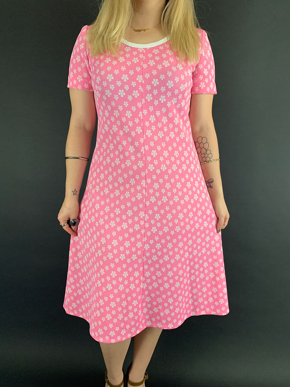Vintage Pink Mod Flower Power Short Sleeve Dress View One