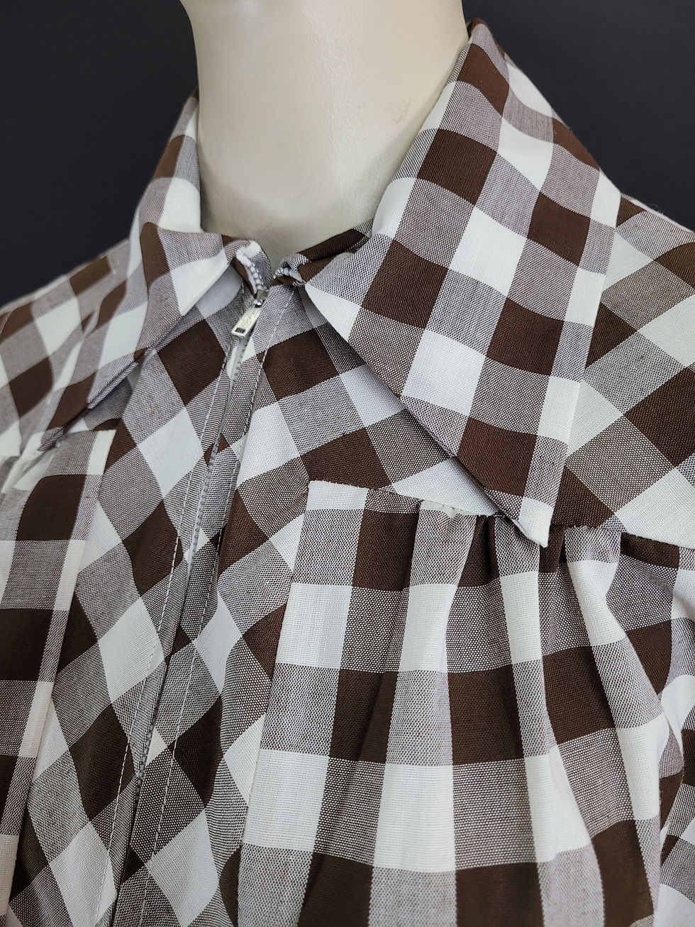 Thumbnail: Vintage Brown Gingham Front Zip Collared House Dress View Five