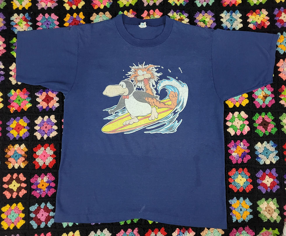 Vintage Navy Blue Bloom County Bill The Cat And Opus Surfing Graphic T-Shirt View Two