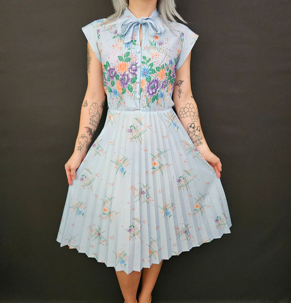 Vintage Light Blue Pleated Floral Tie Neck Dress View One