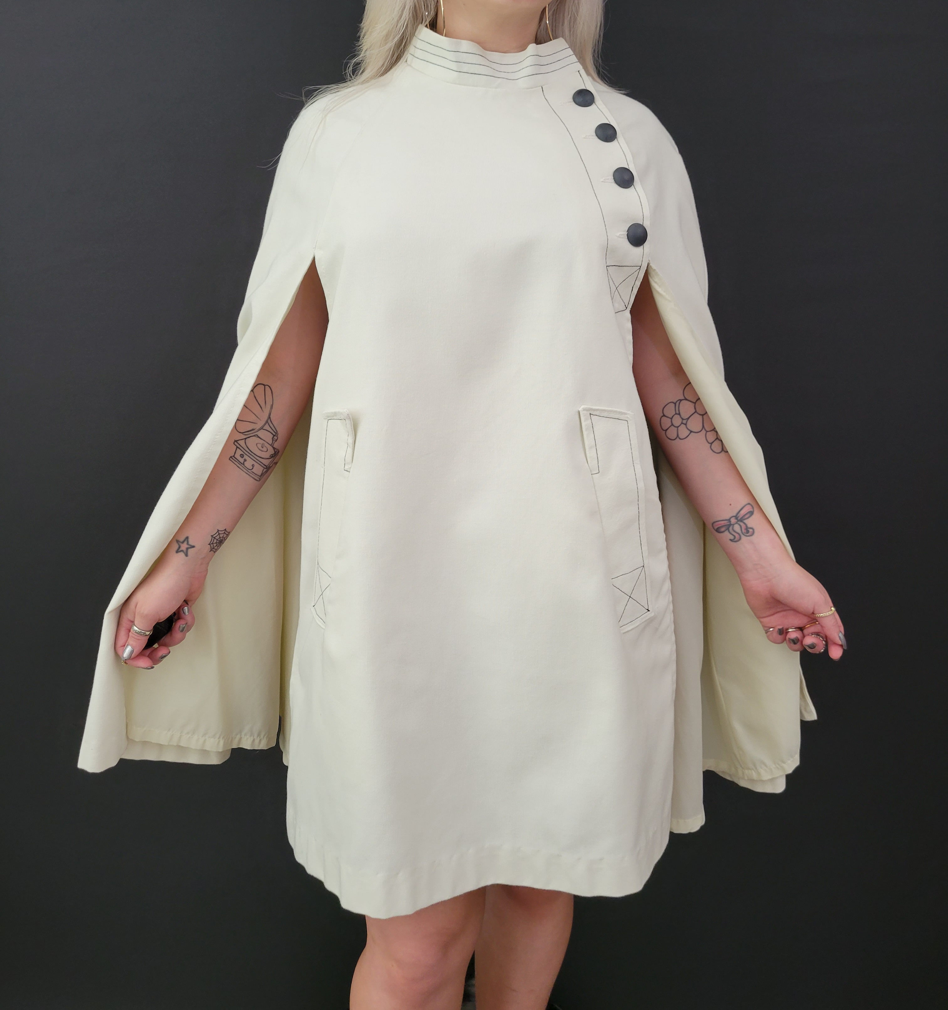 Cream With Top Navy Blue Stitching Cape Coat View 1