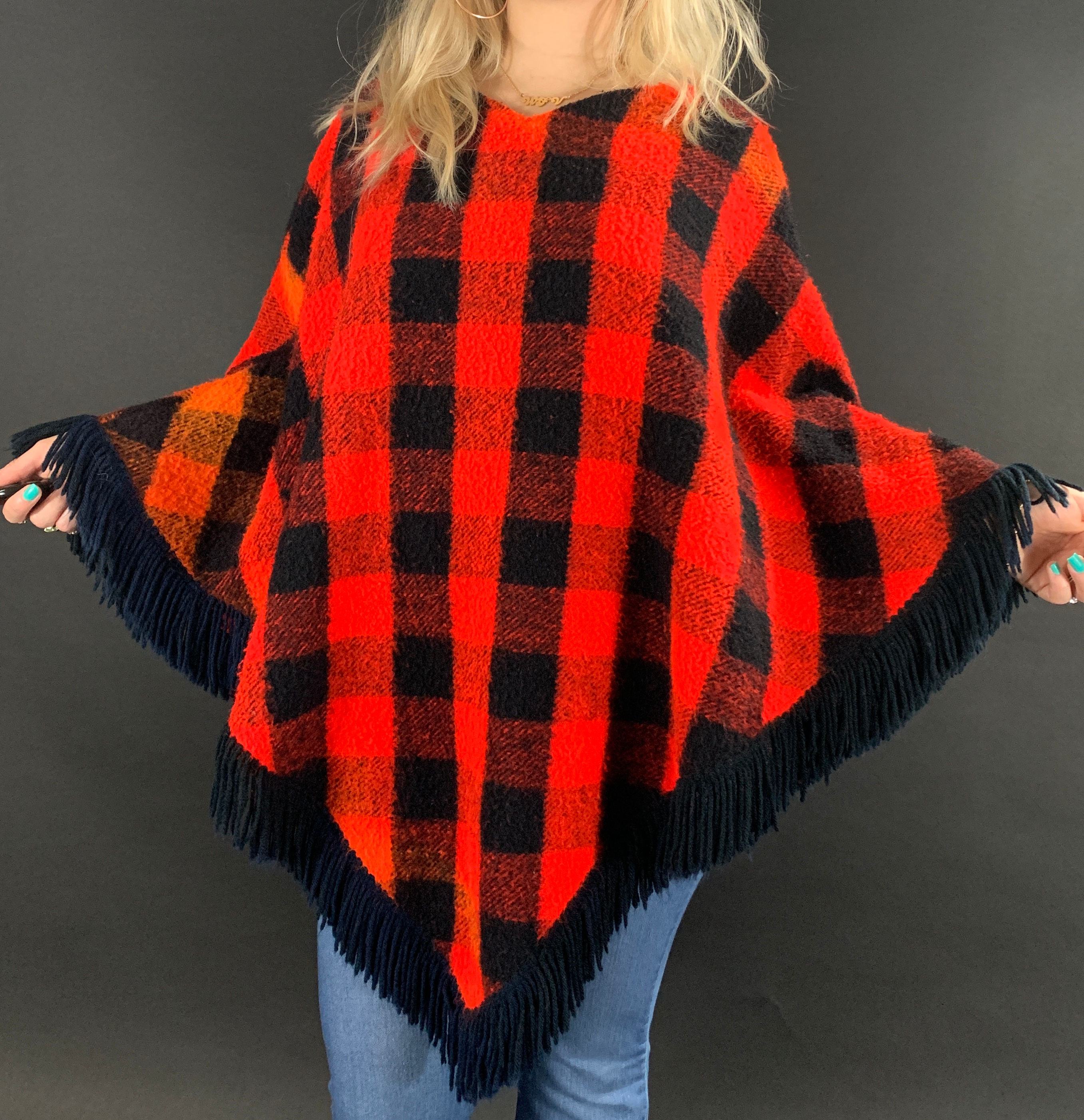 Vintage Red And Black Plaid Fringe Poncho View One