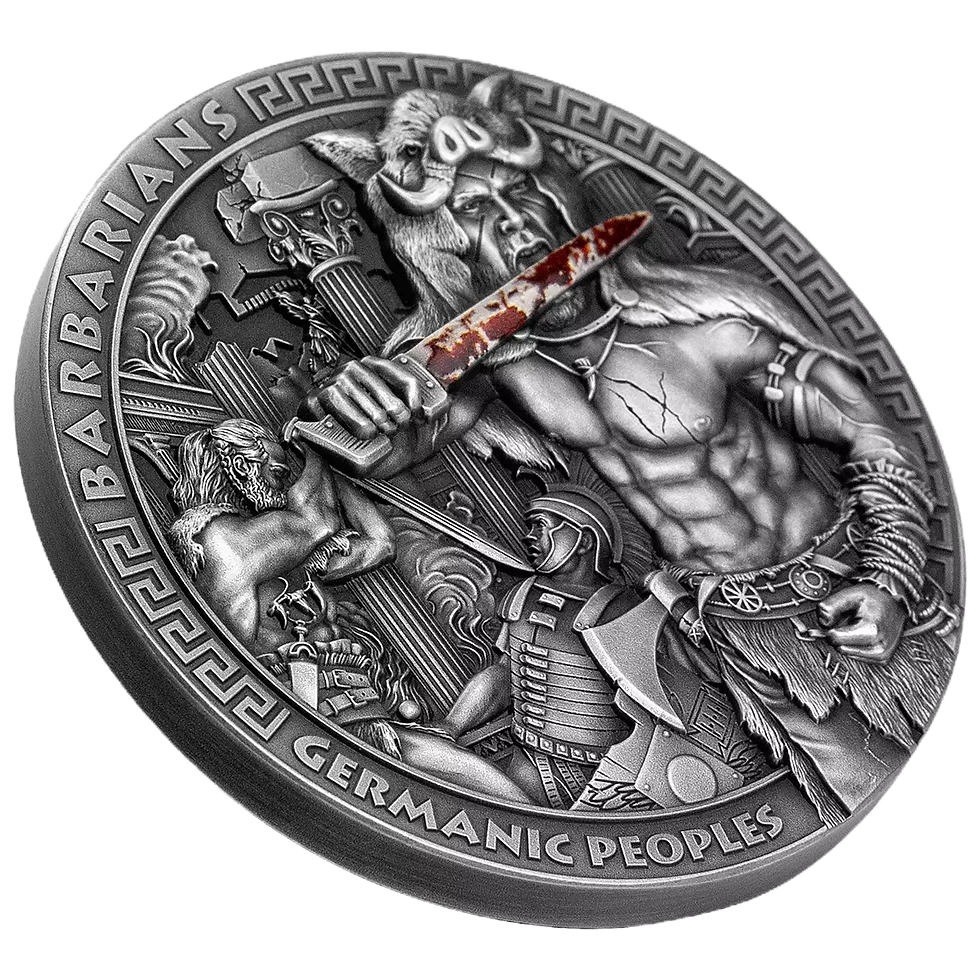 Thumbnail: High relief Germanic warrior design on 2023 Niue 2 oz Barbarians silver coin.