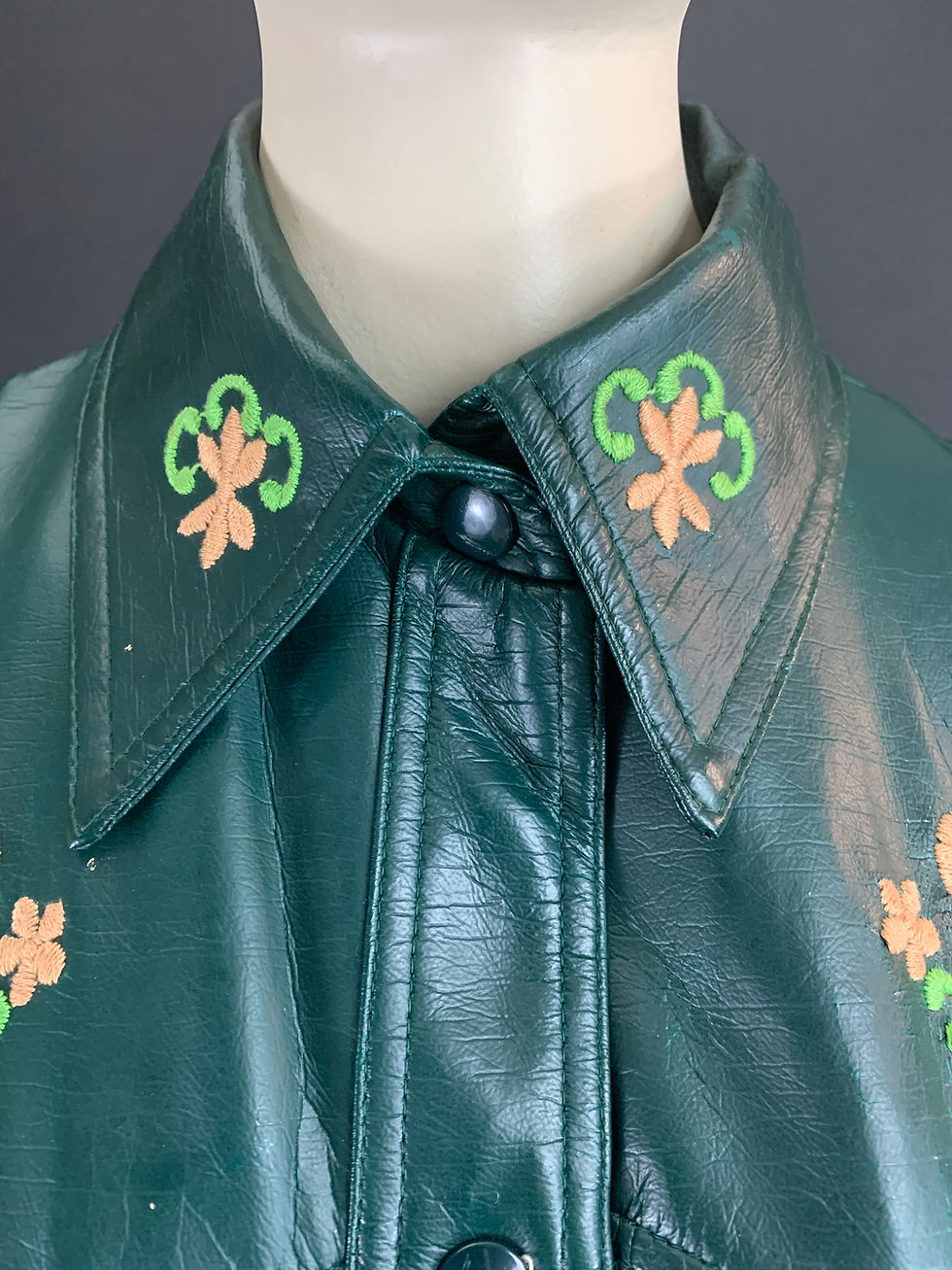 Thumbnail: Vintage Dark Green Faux Leather Embroidered Floral Snap Button Down Top View Three