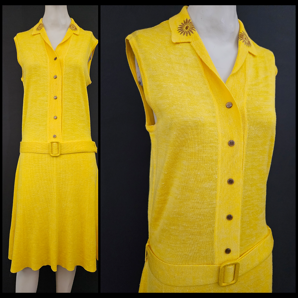 Thumbnail: Vintage Sleeveless Yellow Embroidered Collar Drop Waist Belted Dress View Two