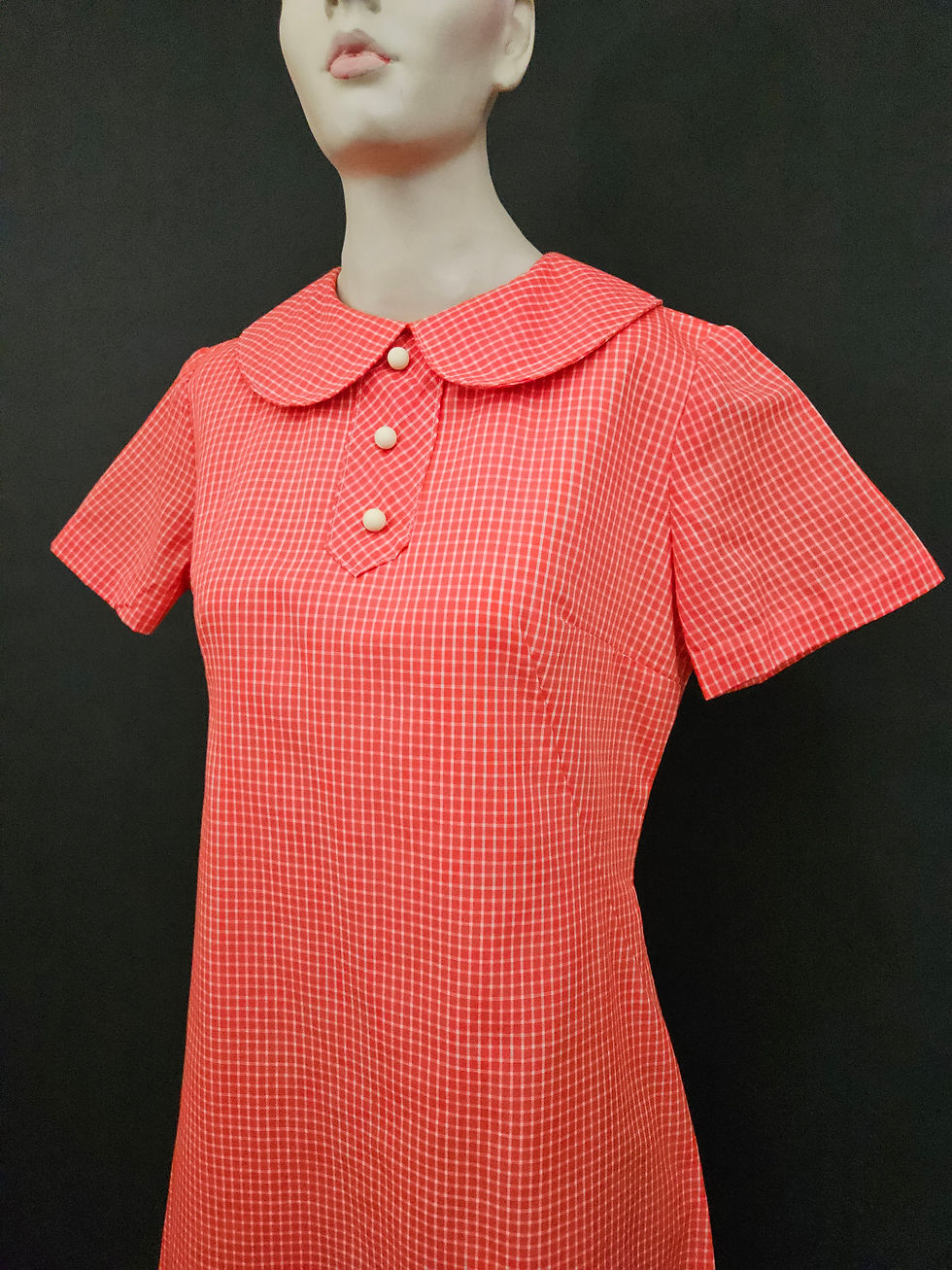 Thumbnail: Vintage Red Grid Check Plaid Peter Pan Collar A-Line Short Sleeve Shift Dress View Three