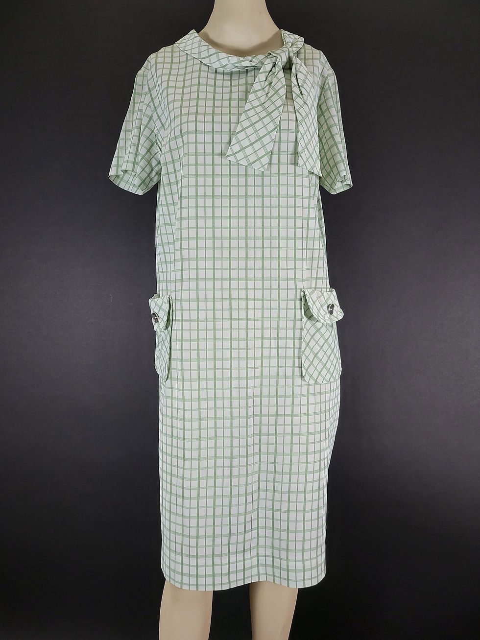 Vintage Sage Green And White Grid Check Short Sleeve Shift Dress View Two
