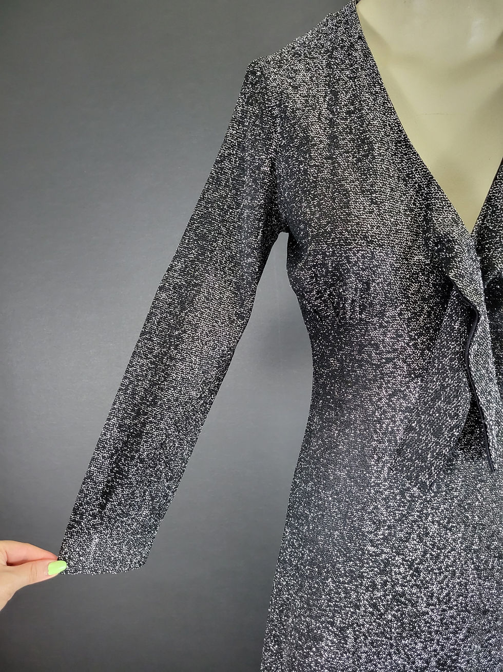 Thumbnail: Vintage Black And Metallic Silver Lurex Long Sleeve Maxi Dress View Seven