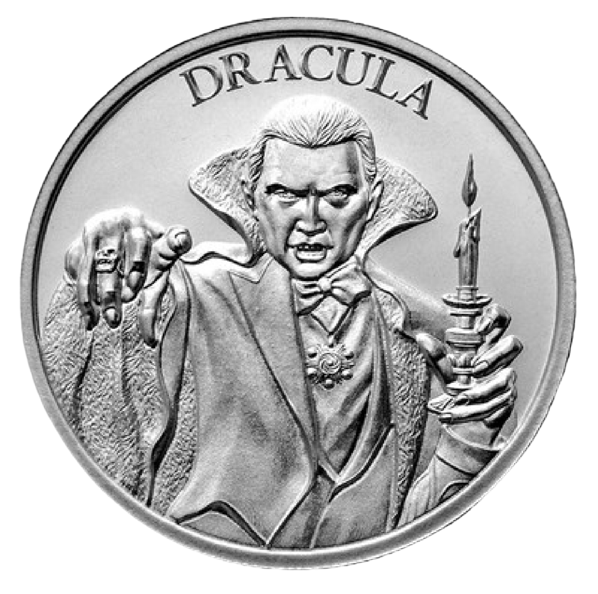 2 oz .999 fine silver Vintage Horror Series Dracula round featuring a detailed vampire in a black suit and collared cape hold