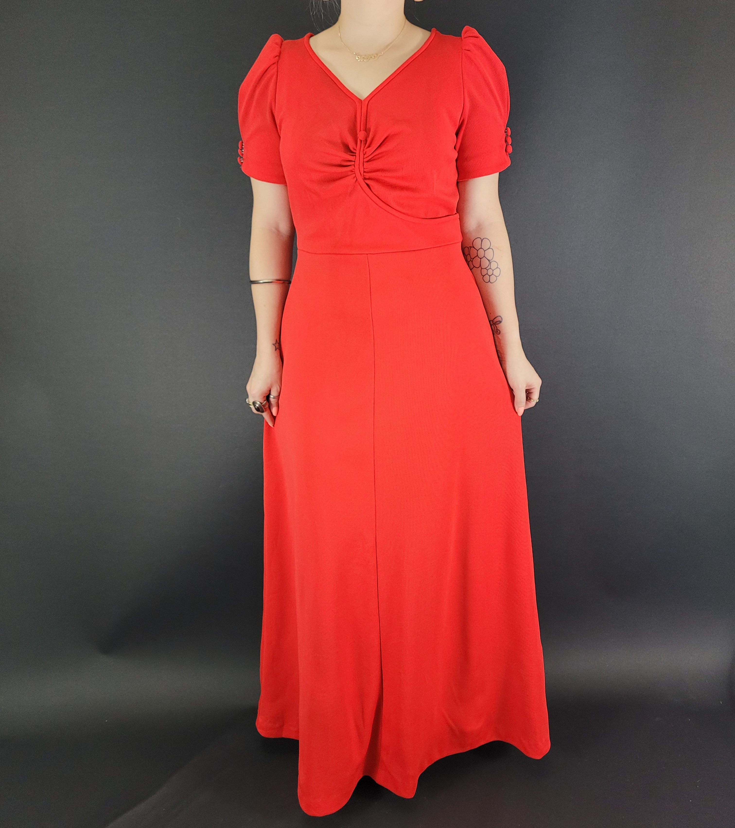 Vintage Cherry Red Puff Sleeve Maxi Dress View One
