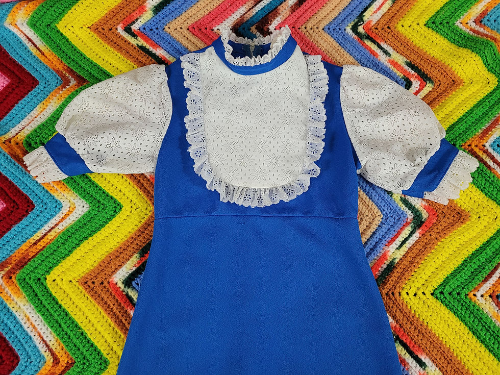 Thumbnail: Vintage Youth Girls Blue Lace Bib Collar Maxi Dress View Two