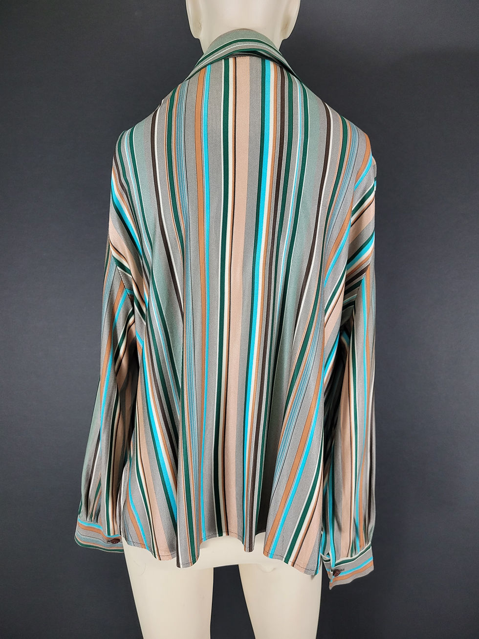 Thumbnail: Vintage Striped Long Sleeve Wide Dagger Collar Button Up Top View Twelve