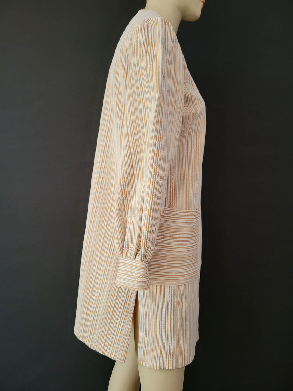 Thumbnail: Vintage Light Tan And White Striped Crimplene Open Jacket View Eight