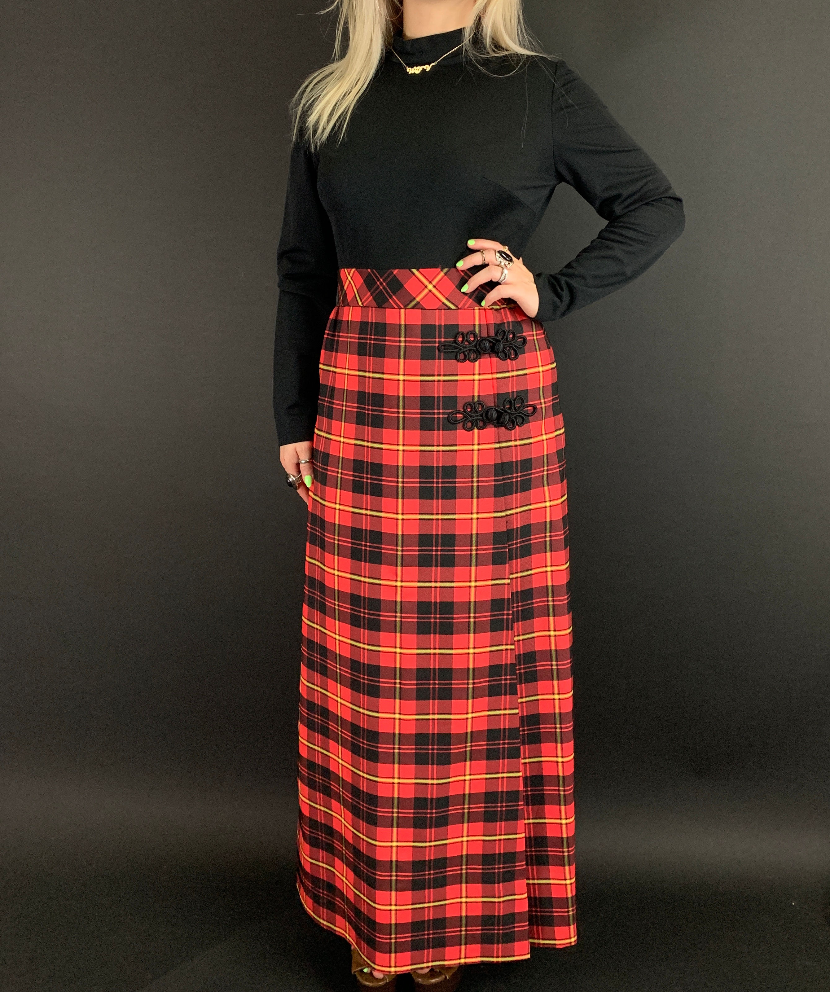 Vintage Black And Red Plaid Long Sleeve Maxi Dress View One