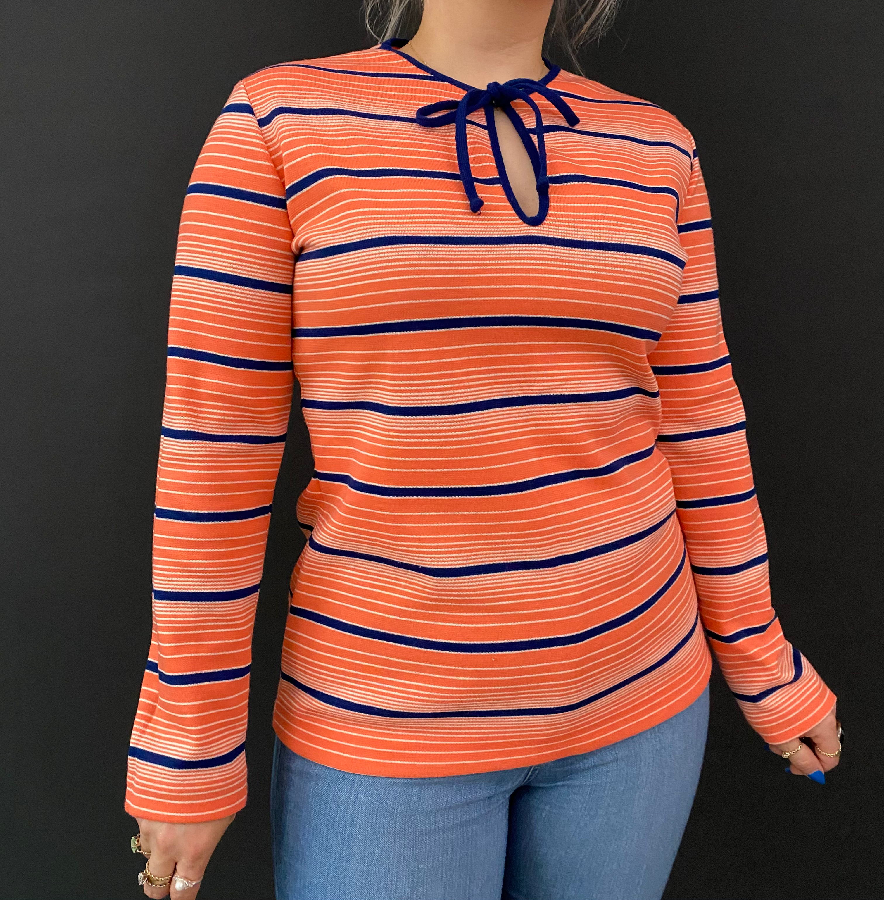Striped Acrylic Long Sleeve Keyhole Neckline Top View 1