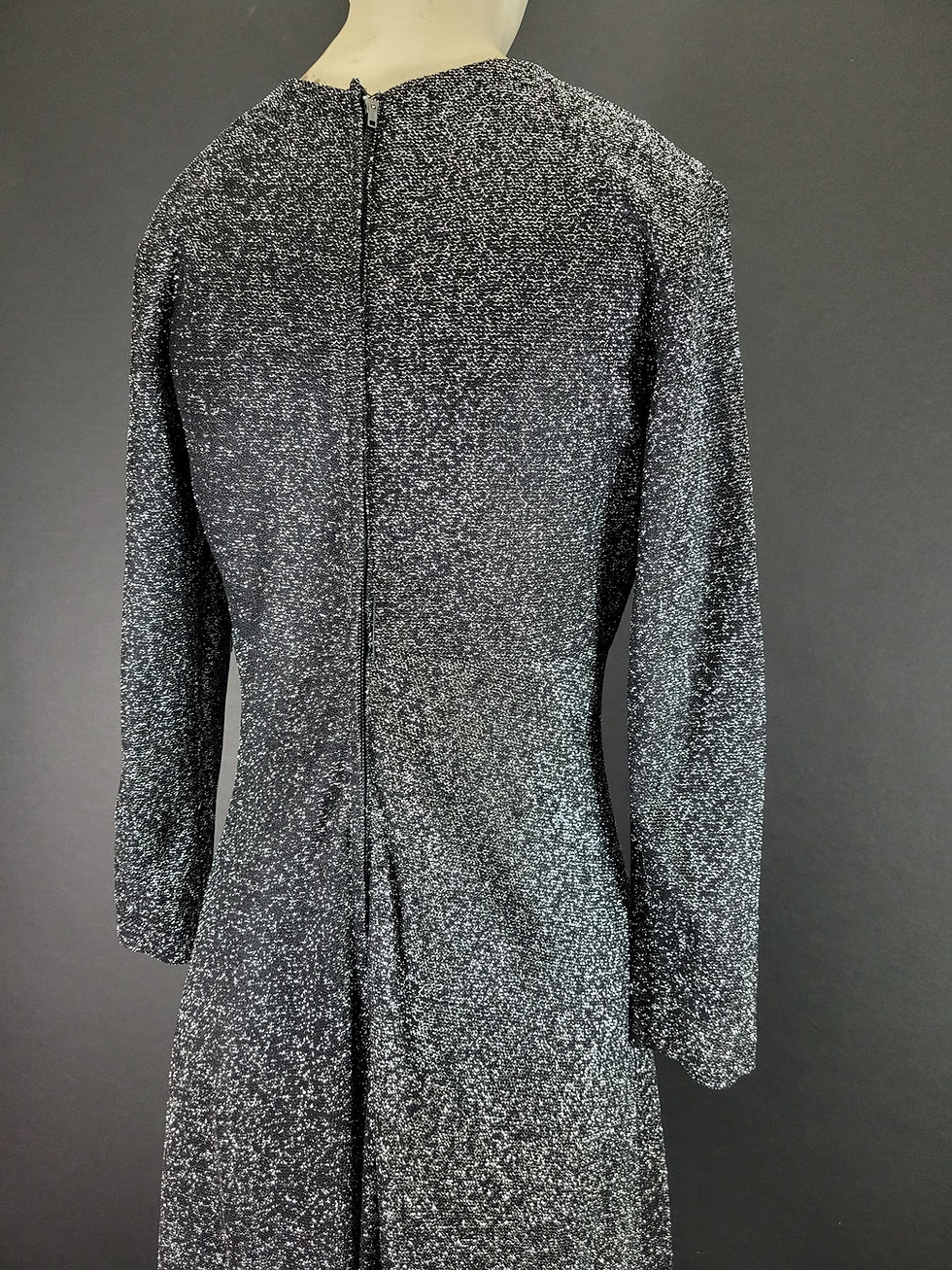 Thumbnail: Vintage Black And Metallic Silver Lurex Long Sleeve Maxi Dress View Twelve