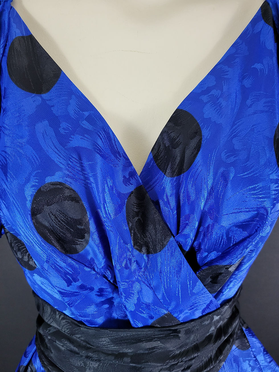 Thumbnail: Vintage Black And Blue Polka Dot Puff Sleeve Peplum Silk Dress View Three