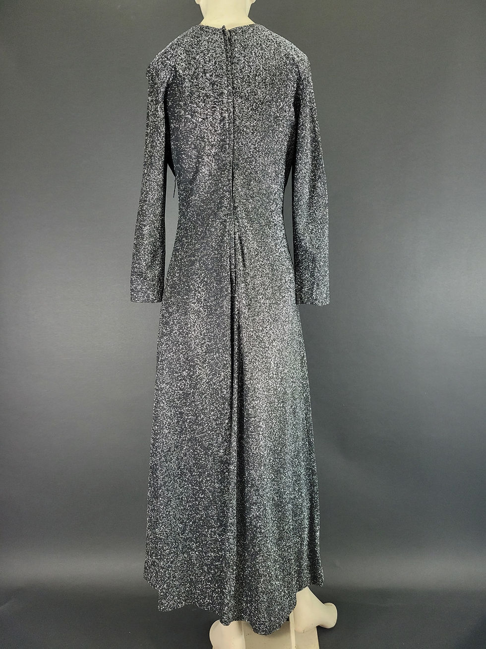 Thumbnail: Vintage Black And Metallic Silver Lurex Long Sleeve Maxi Dress View Eleven