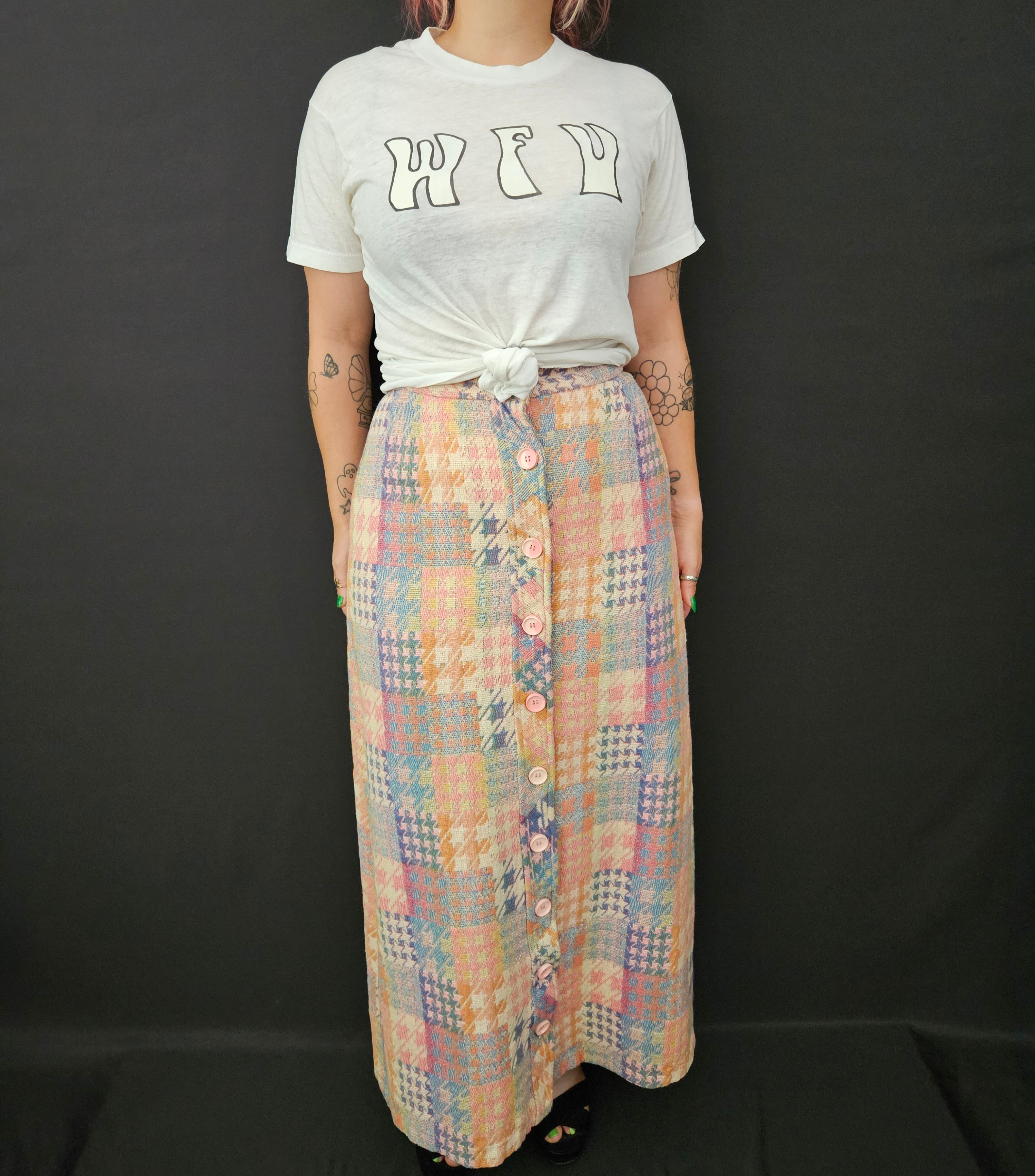 Vintage Houndstooth Patchwork Tapestry Button Front Maxi Skirt View One