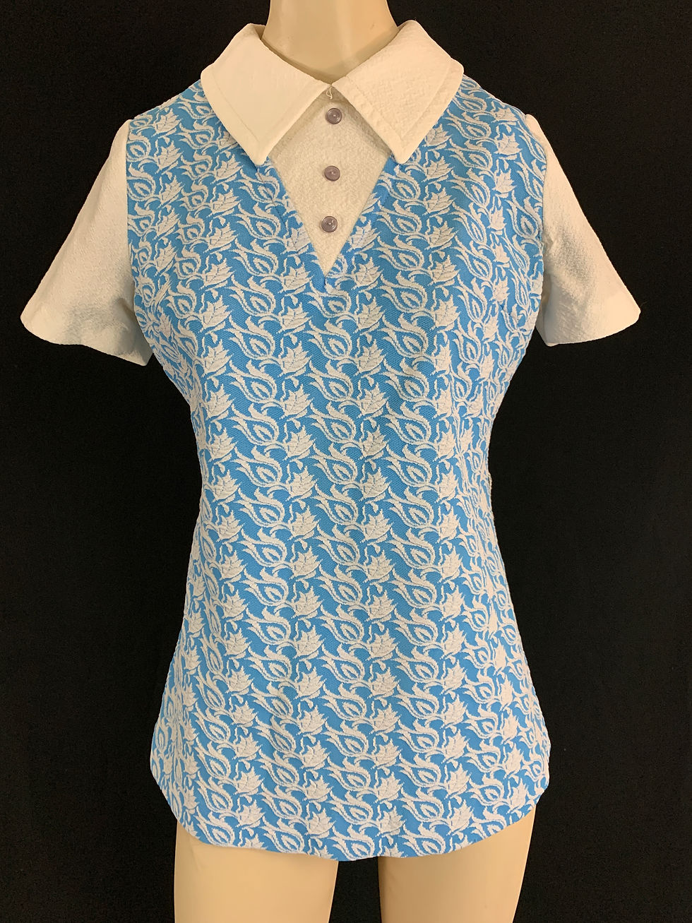 Thumbnail: Vintage Baby Blue And White Crimplene Collared Top View Two