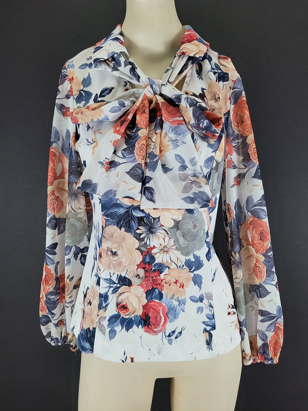 Thumbnail: Vintage Floral Sheer Long Sleeve Tie Neck Blouse View Two