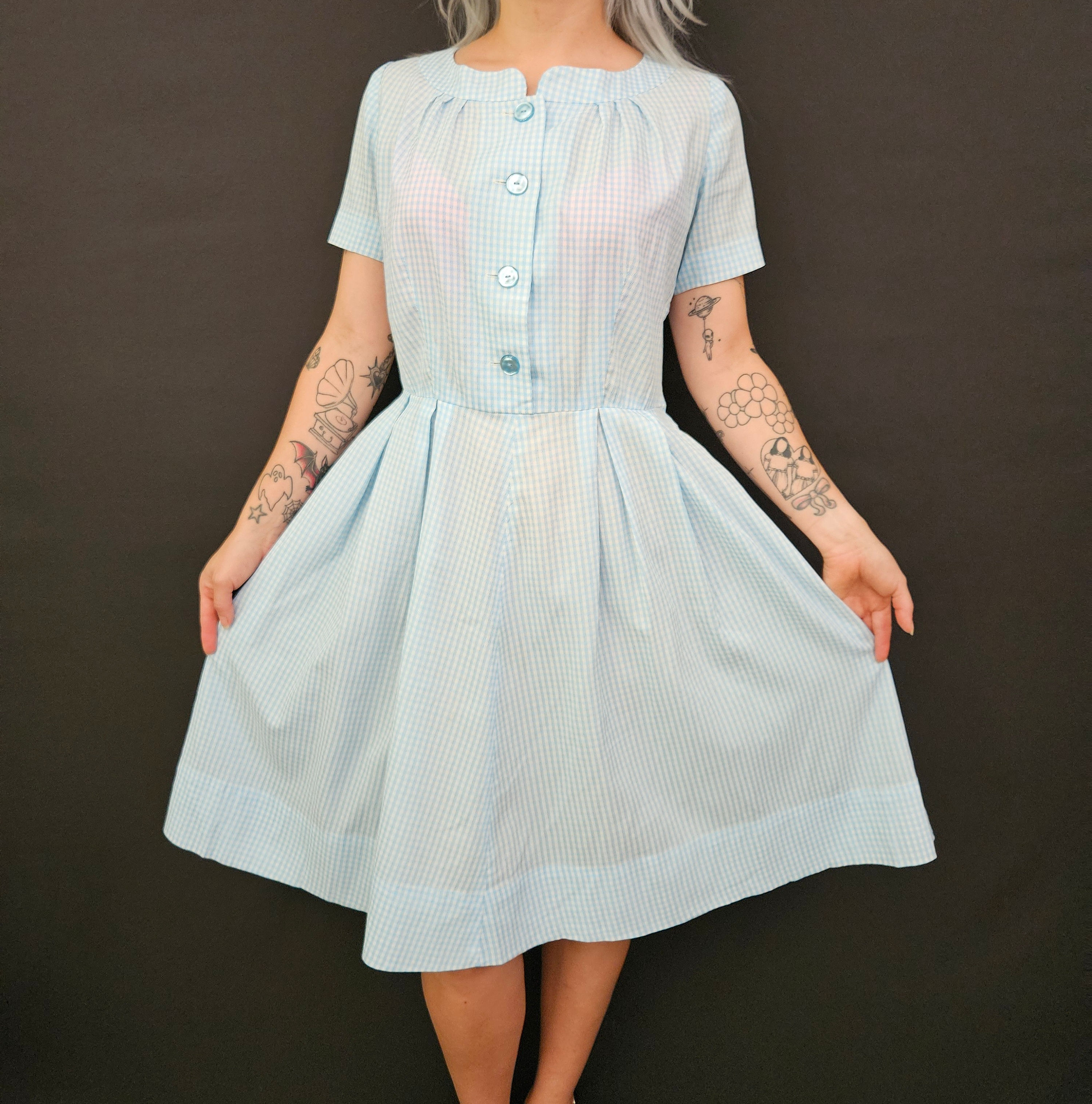 Vintage Powder Blue Gingham Shirtwaist Day Dress View One