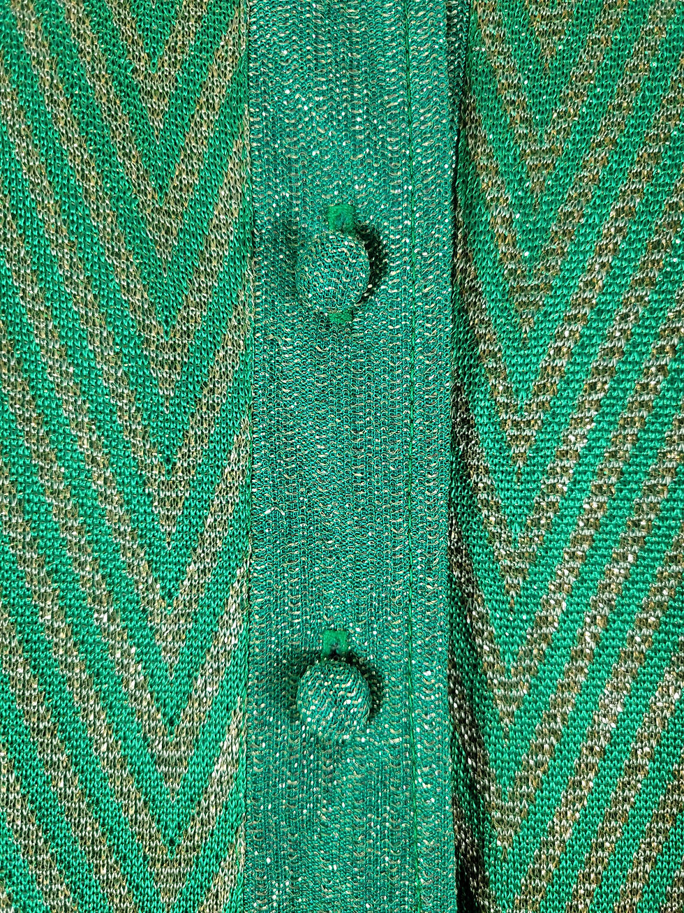 Thumbnail: Green And Metallic Gold Zig Zag Cardigan Sweater View 4